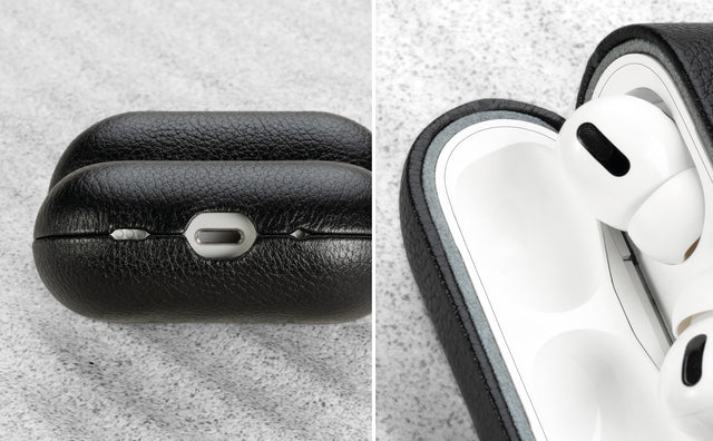 Charging Port and Speaker Cuts outs of the Black Leather Case for Apple AirPods Pro (2nd & 1st Gen)