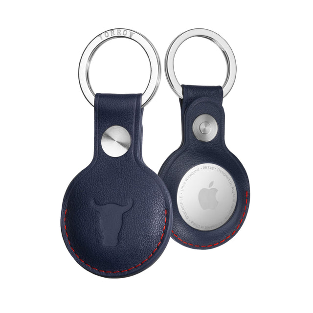 Navy Blue with Red Detail Leather Apple AirTag Holder Keyring