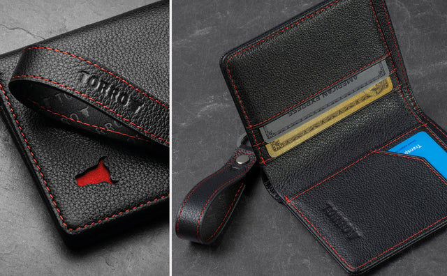 Matching Black with Red Stitching Leather BiFold Wallet & Keyring Set