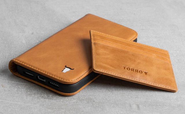 Tan Leather Card Holder on a matching Tan Phone Case