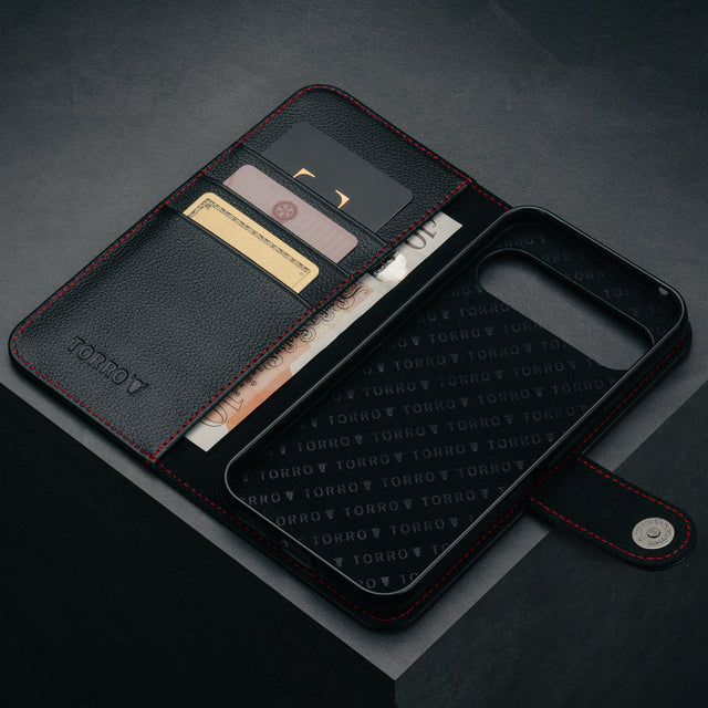 Card slots inside the Black with Red Detail Leather Wallet Case for Google Pixel 9 Pro XL