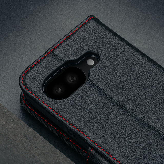 Camera cutout on the Black with Red Detail Leather Wallet Case for Google Pixel 9
