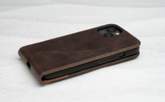 Slimline profile of the Dark Brown Leather Flip Case for iPhone 14