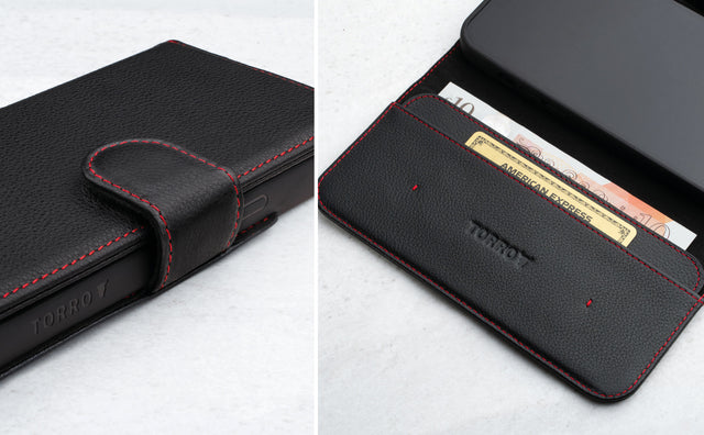 Secure closure strap and card/note storage of the Black (with Red Stitching) Leather Wallet Case for iPhone 14 Max