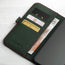 Card storage slots on the inside of the Green (with Red Stitching) Leather Folio Stand Case for iPhone 14 Pro