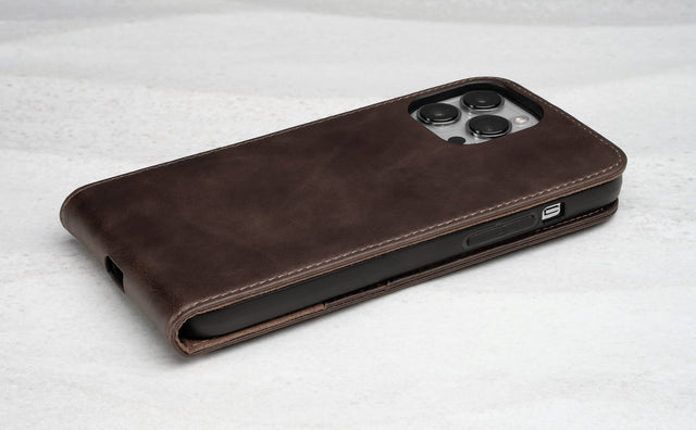 Slimline profile shot of the Dark Brown Leather Flip Case for iPhone 14 Pro Max