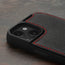 Camera cutout on the Black with Red Detail Leather Bumper Case for iPhone 15