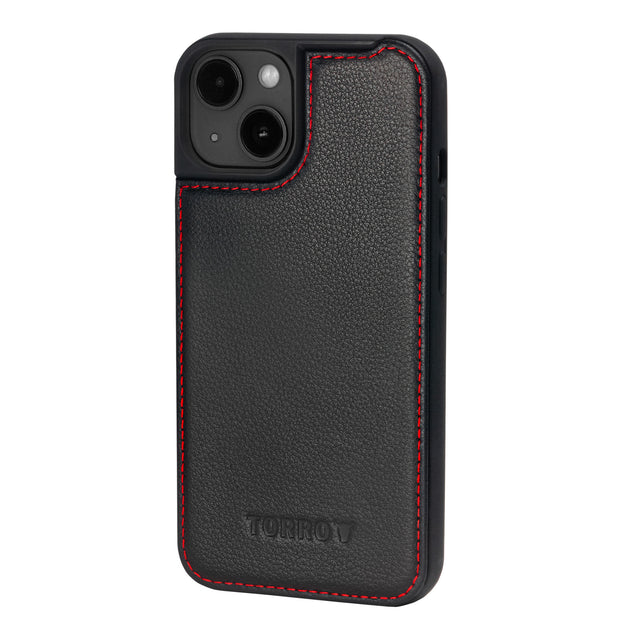 Black with Red Detail Leather Bumper Case for iPhone 15