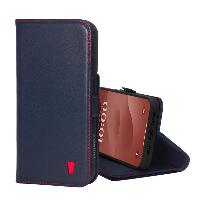 Navy Blue Leather Wallet Case for iPhone 15 Plus