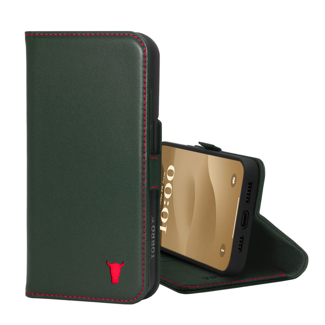Green with Red Detail Leather Wallet Case for iPhone 15 Pro Max