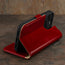Integrated stand function of the Red Leather Wallet Case for iPhone 15 Pro Max