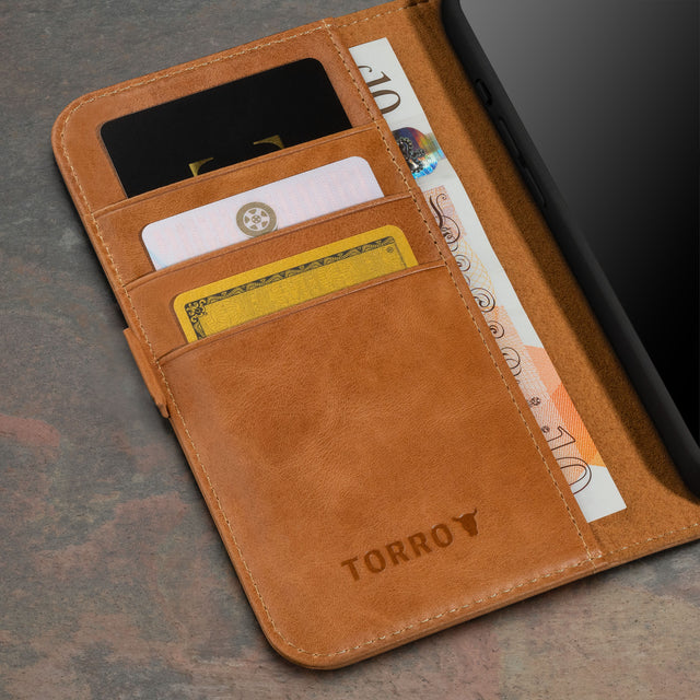 Card slots inside the Tan Leather Wallet Case for iPhone 15 Pro Max