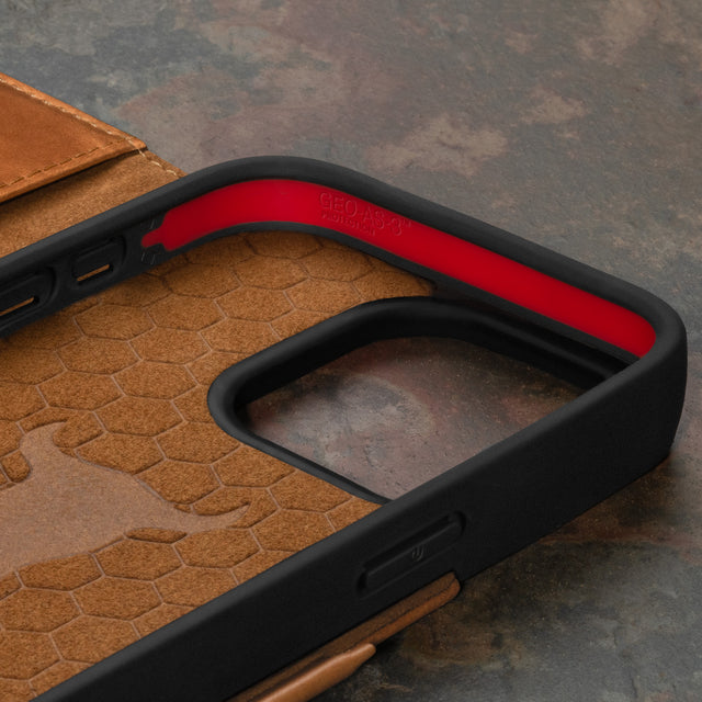 Geometric microfibre lined frame with advanced GEO-AS-3 protection of the Tan Leather Wallet Case for iPhone 15 Pro Max