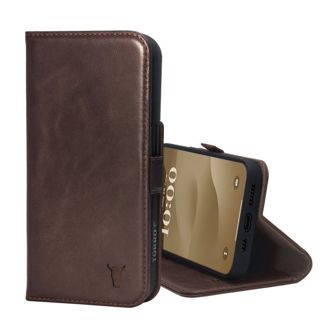 Dark Brown Leather Wallet Case for iPhone 15 Pro