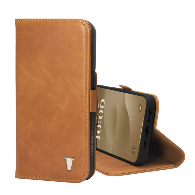 Tan Leather Wallet Case for iPhone 15 Pro