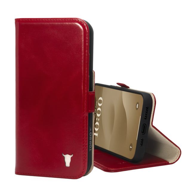 Red Leather Wallet Case for iPhone 15