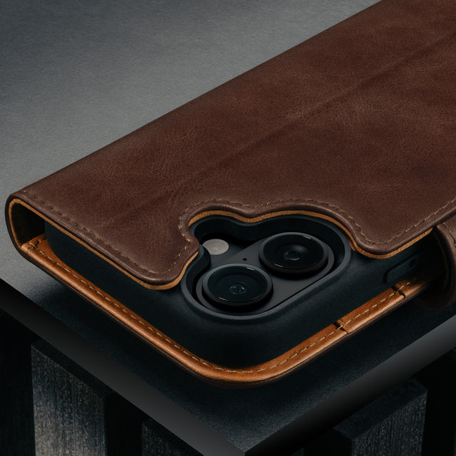 Camera cutout on the Dark Brown Leather Detachable Case for iPhone 17