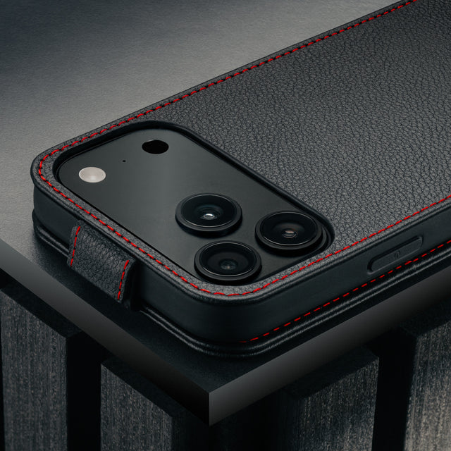 Camera cutout on the Black with Red Stitching Leather Flip Case for iPhone 17 Pro Max