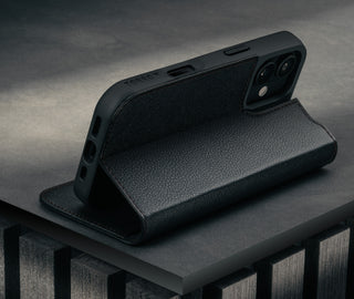 Stand function of the Black Leather Case for iPhone 17