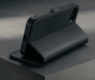 Stand function of the Black Leather Wallet Case for iPhone SE4 (2025)