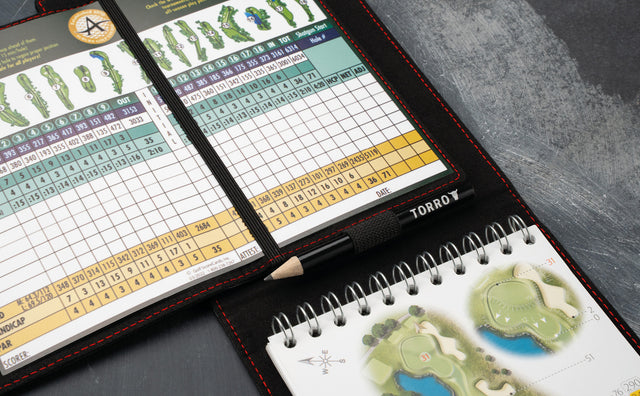 Scorecard & Yardage Book in the Black with Red Detail Golf Yardage Book Cover (PRO Edition)
