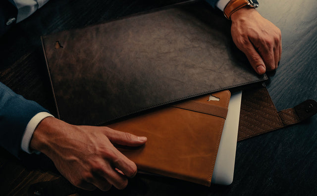 Inserting a Laptop and Tan Leather iPad Cover into the Dark Brown Leather Laptop Folio Sleeve