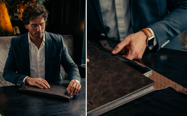 Man using the Dark Brown Leather Laptop Folio Sleeve