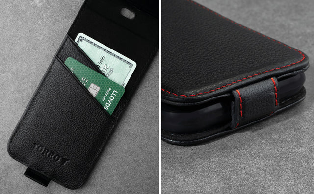 Black with Red Stitching Leather Flip Case for iPhone SE, iPhone 8 and iPhone 7