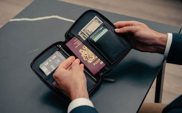 Inserting a passport into the small travel wallet