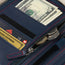 Close up of the coin pocket in the Navy Blue Leather with Red Stitching Solo Travel Wallet