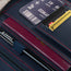 Close up of the passport pocket in the Navy Blue Leather with Red Stitching Solo Travel Wallet