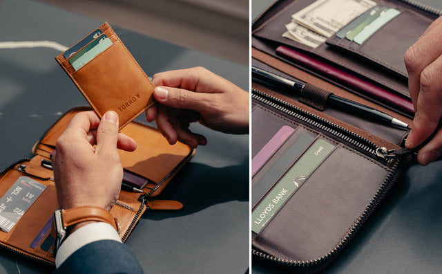 Detachable card holder and zipped pocket from the small travel wallet