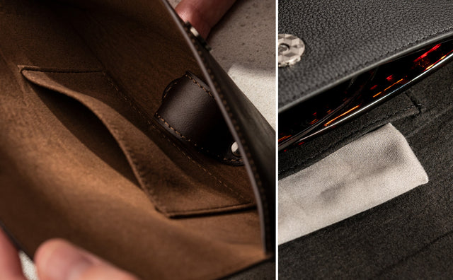 Inside pocket and microfibre cloth in the leather sunglasses case
