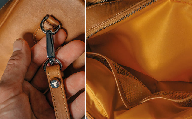 Close up of inner lining and detachable strap on the tan leather wash bag
