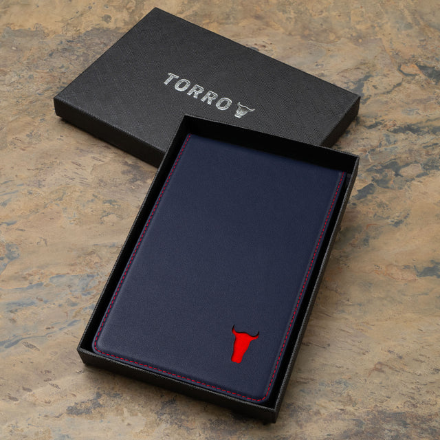 Navy Blue with Red Stitching Golf Scorecard Holder and Yardage Book Cover in Gift Box