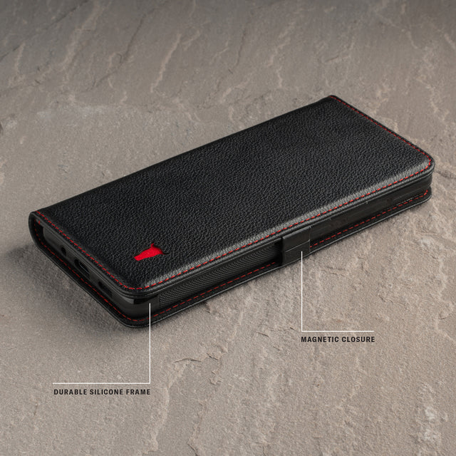 Showing the side magnetic closure and durable silicone frame of the black leather stand case for Galaxy S20 FE 5G