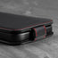 Secure magnetic closure tabs on the Black Leather (with Red Stitching) Flip Case for iPhone 13