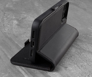 Integrated stand function of the Black Leather Phone Case for iPhone 13 Pro Max