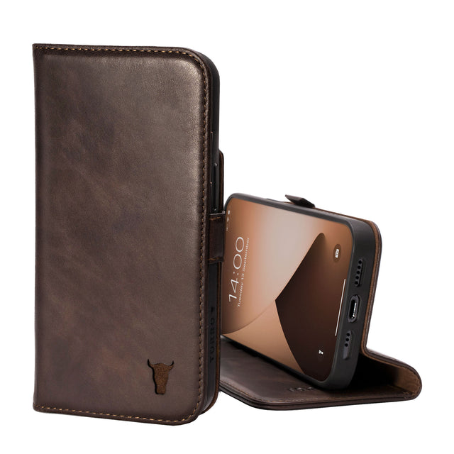 Dark Brown Leather Folio Stand Case for iPhone 14 Plus