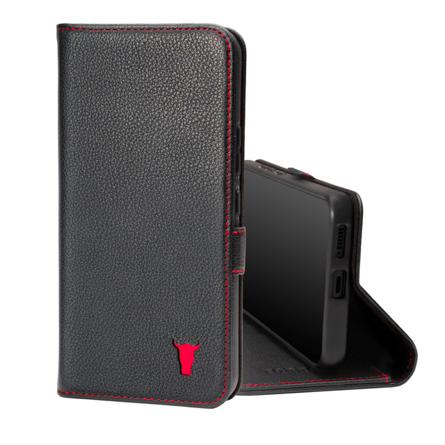 Black Leather (with Red Stitching) Folio Case for Galaxy A53