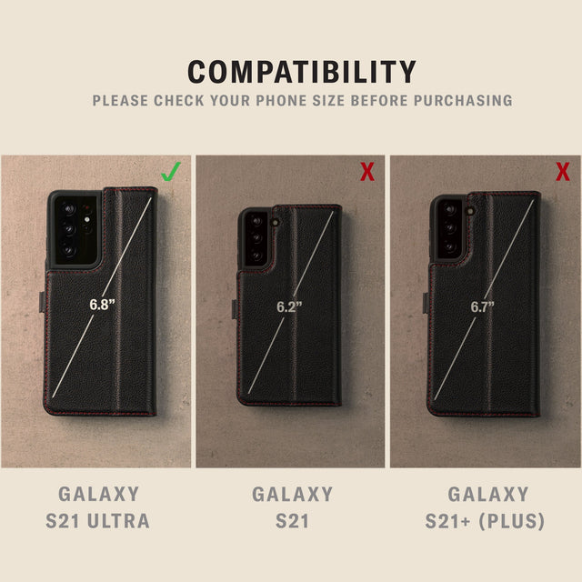 Model compatibility of the Black with Red Detail Leather Case for Galaxy S21 Ultra