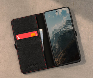 Interior view of the Black with Red Detail Leather Case for Galaxy S21 Ultra