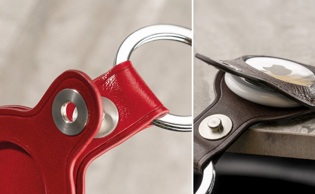 Press stud clasp on the Red and Dark Brown AirTag Holder Keyrings