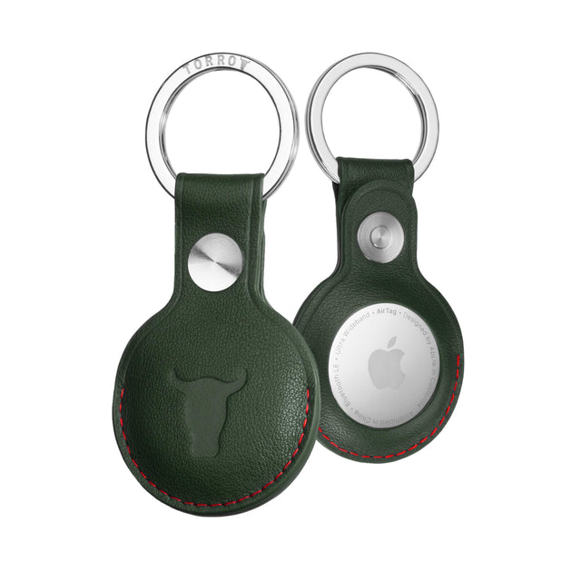 Green with Red Detail Leather Apple AirTag Holder Keyring