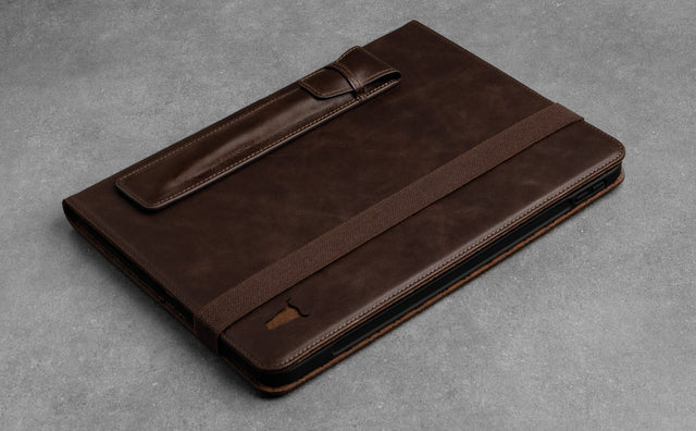 Darn Brown Leather Apple Pencil Sleeve attached to a matching iPad case