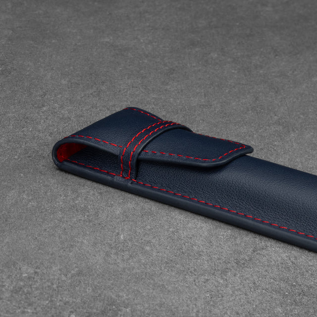 Leather closure flap on the Navy Blue Stitching Leather Apple Pencil Case / Sleeve