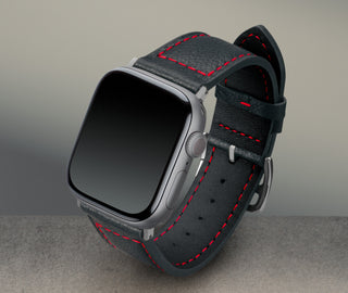 Black with Red stitching Leather Apple Watch Strap attached to Apple Watch