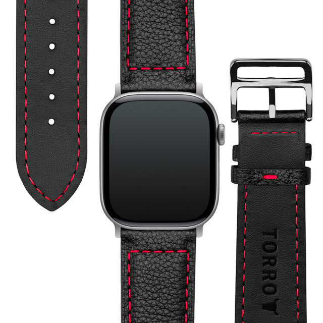 Black with Red stitching Leather Apple Watch Strap