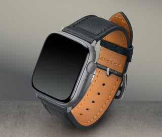 Black with Tan underside Leather Apple Watch Strap attached to an Apple Watch