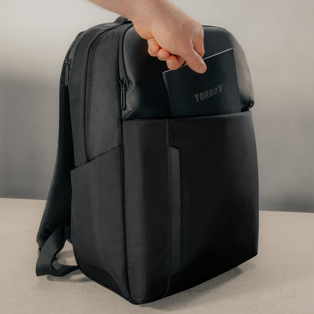 Front storage pocket on the Black Classic Commuter Backpack